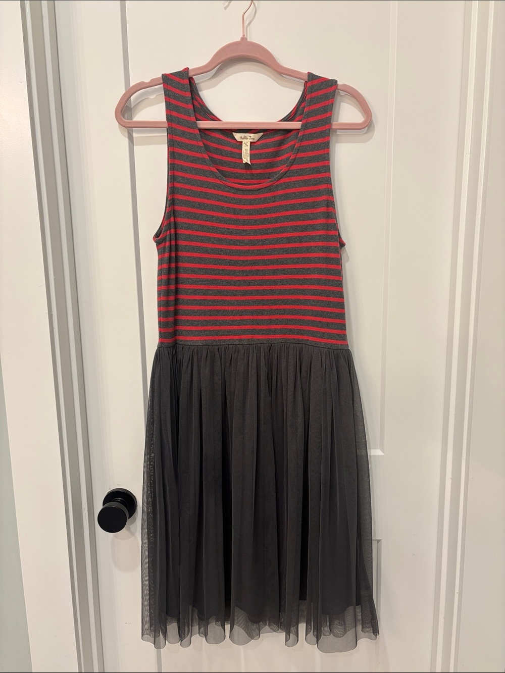Matilda Jane Sleeveless Pink and Gray Striped Knit Top Tulle Dress